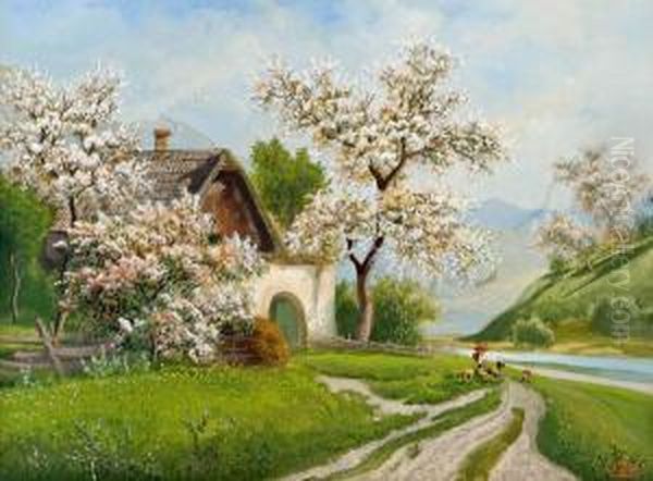 Bauernhof Im Fruhling Oil Painting by Alois Tott