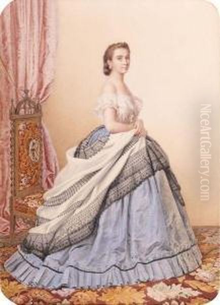 Portrait D'une Dame Portant Une Robe A Crinoline Dans Un Interieur Oil Painting by Adele Anais Colin Toudouze