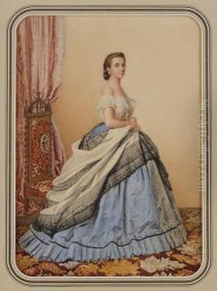 Portrait D'une Dame Portant Une Robe A Crinoline Dans Uninterieur Oil Painting by Adele Anais Colin Toudouze