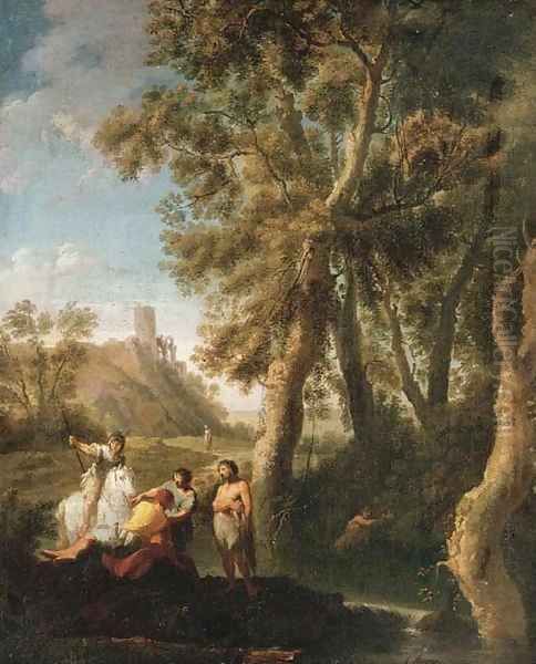 Classical figures conversing on the banks of a river Oil Painting by Paolo Anesi