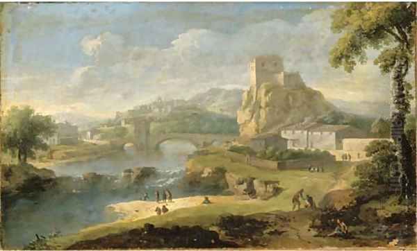 Figures in a river landscape with a bridge and walled city beyond Oil Painting by Paolo Anesi