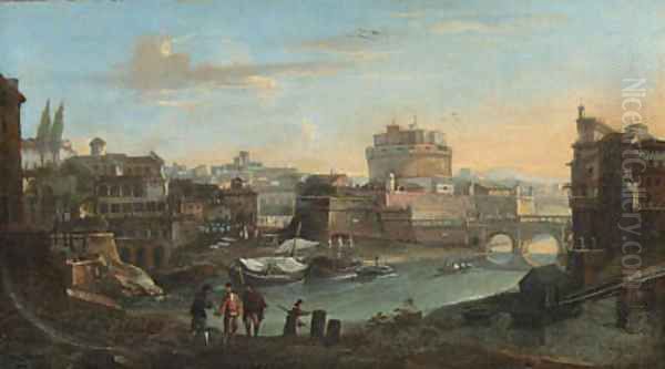 Rome the Tiber with the Castel Sant'Angelo beyond Oil Painting by Paolo Anesi