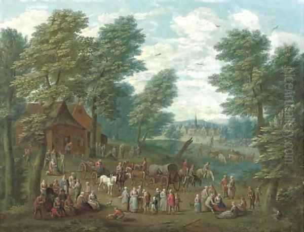 A wooded landscape with numerous peasants and carriages in an open clearing Oil Painting by School Of Antwerp