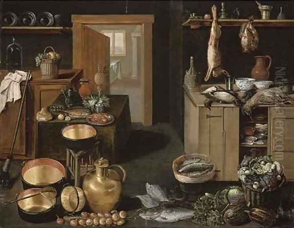 A kitchen interior with dead game on a wooden ledge Oil Painting by School Of Antwerp