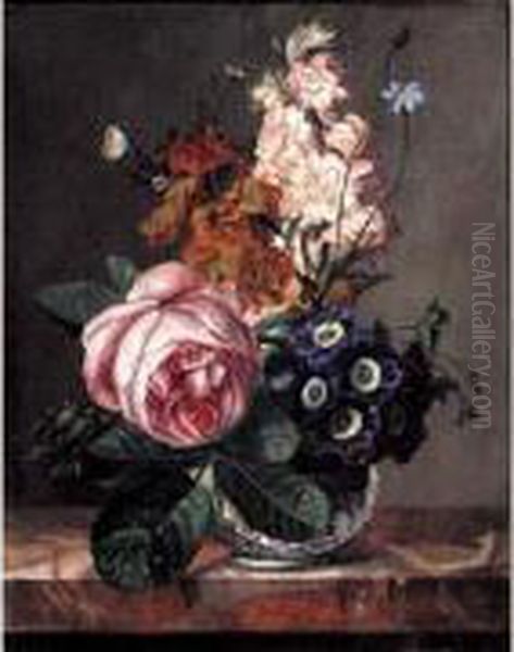 Vase De Fleurs Avec Rose Et Bleuets Sur Un Entablement Oil Painting by Jean Ulrich Tournier