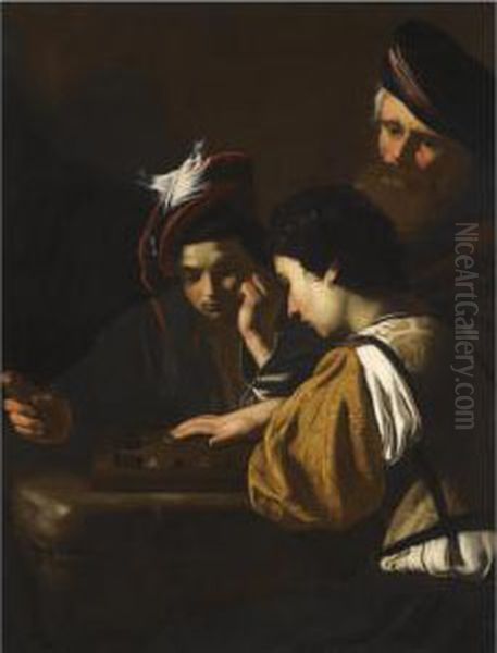 Young Boys Playing Backgammon An Old Man Watching In The Background Oil Painting by Nicolas Tournier