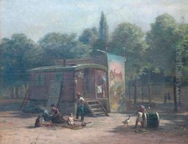 Animation Pres De La Baraque De Foire Oil Painting by E Tournois