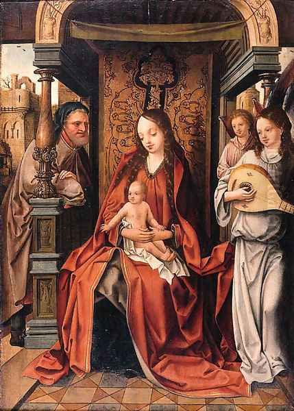 The Virgin and Child enthroned with Saint Joseph and music-making Angels Oil Painting by School Of Antwerp