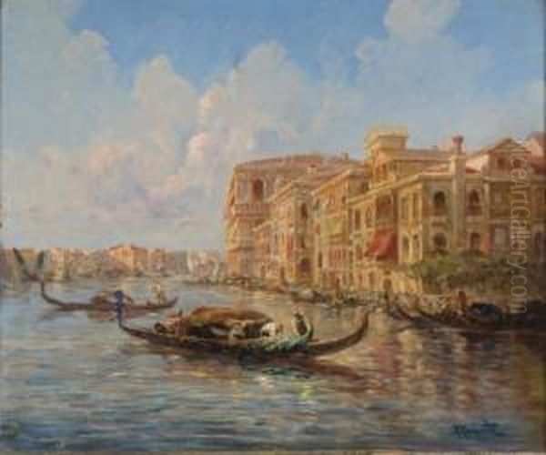 Gondoles Sur Le Grand Canal De Venise Oil Painting by F. Tourrette