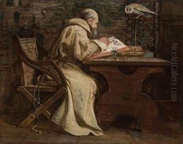 A Monk Illuminating A Manuscript With Perched Oil Painting by Alfred Holst Tourrier