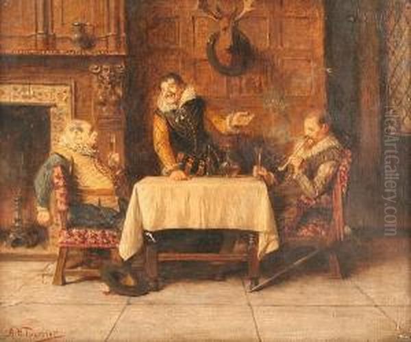 Interior Scene With Three Men Drinking At A Table Oil Painting by Alfred Holst Tourrier