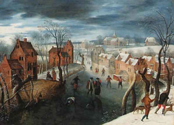 A landscape with skaters on a frozen river by a village, hunters in the foreground Oil Painting by School Of Antwerp