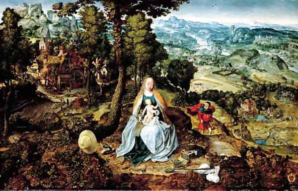 An extensive landscape with The Rest on the Flight to Egypt Oil Painting by School Of Antwerp