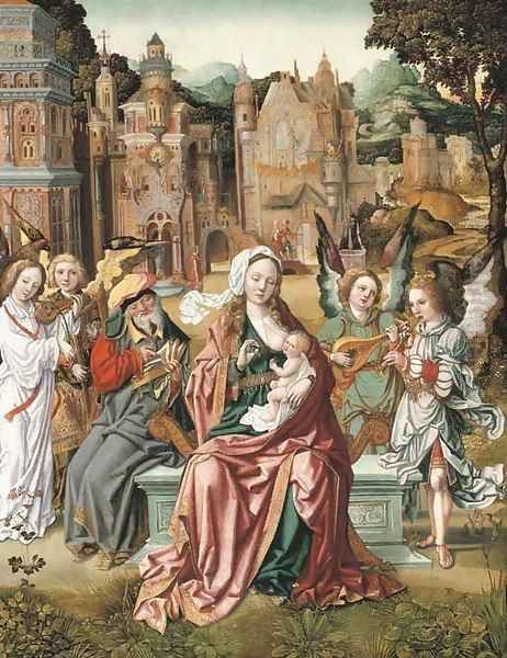 The Holy Family with music-making angels, a city beyond Oil Painting by School Of Antwerp