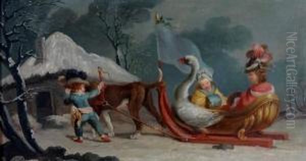 A Pair Of Paintings, Gathering The Grapes And The Swan Sled Oil Painting by Jean Touze