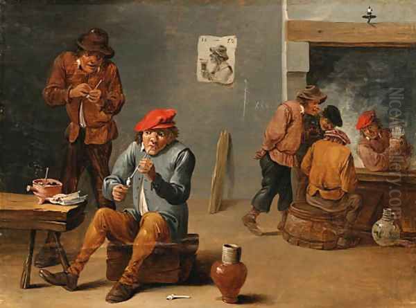 Peasants smoking and drinking in a Tavern Interior Oil Painting by Thomas Van Apshoven