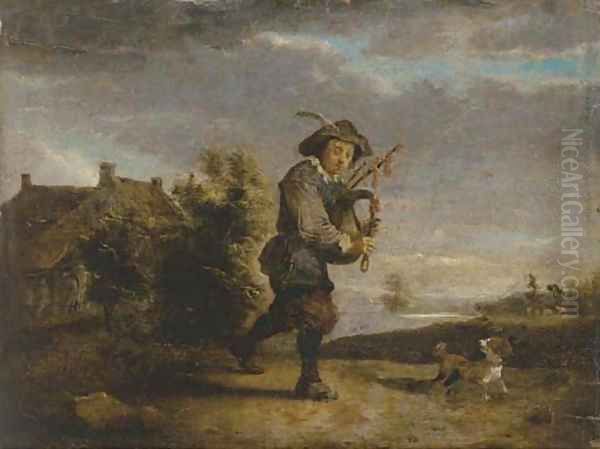 A bagpipe player in a landscape Oil Painting by Thomas Van Apshoven