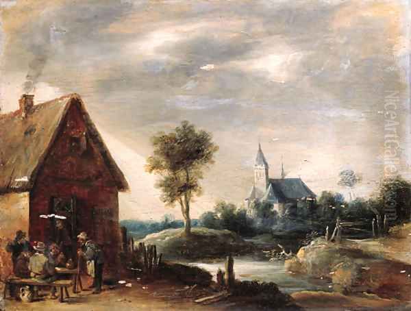 Boors playing at cards outside an inn, a church by a river beyond Oil Painting by Thomas Van Apshoven