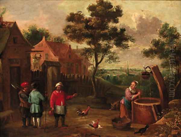 Peasants conversing on a track by a well in a village Oil Painting by Thomas Van Apshoven