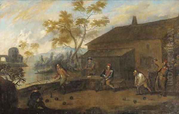 Skittle players by a house Oil Painting by Thomas Van Apshoven