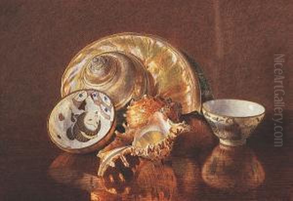 Still Life Of Sea Shells And Tea Bowls On A Table, Signed, Watercolour Oil Painting by James Towers