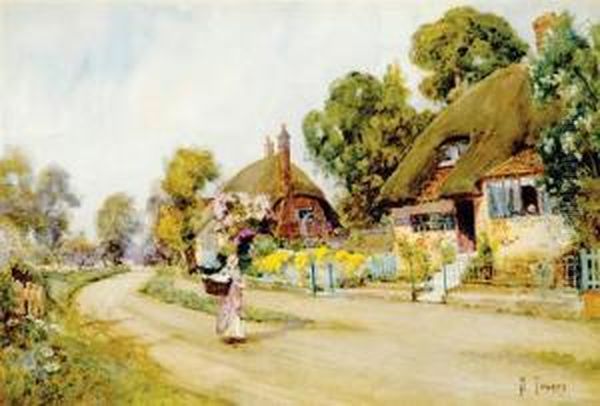 Thatched Cottages Along Country Lane Oil Painting by Samuel Towers