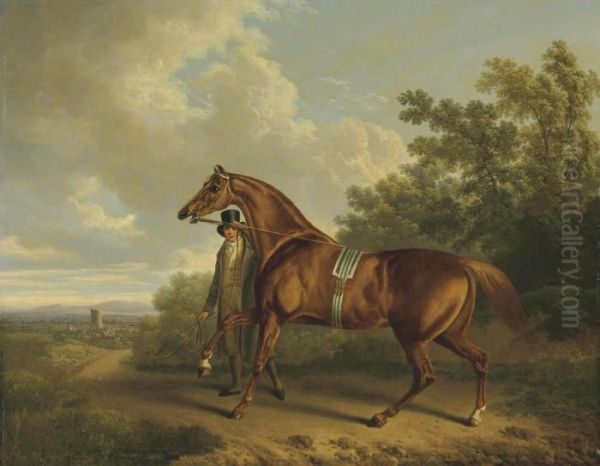 A Chestnut Hunter And His Groom In A Landscape Oil Painting by Charles Towne