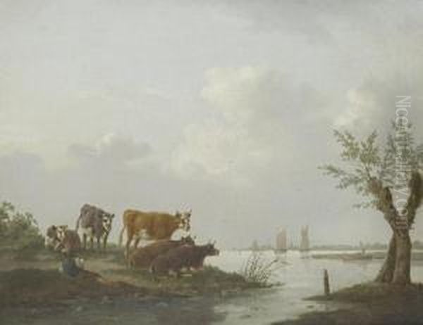 Cattle In A Meadow, A River Landscape Beyond Oil Painting by Charles Towne