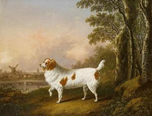 A Liver And White Spaniel In A Landscape Oil Painting by Charles Towne