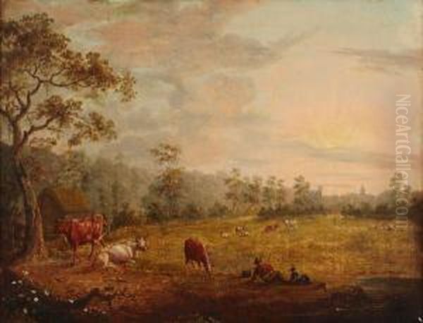 Cattle Grazing In A Field With A Figure Resting In The Foreground Oil Painting by Charles Towne