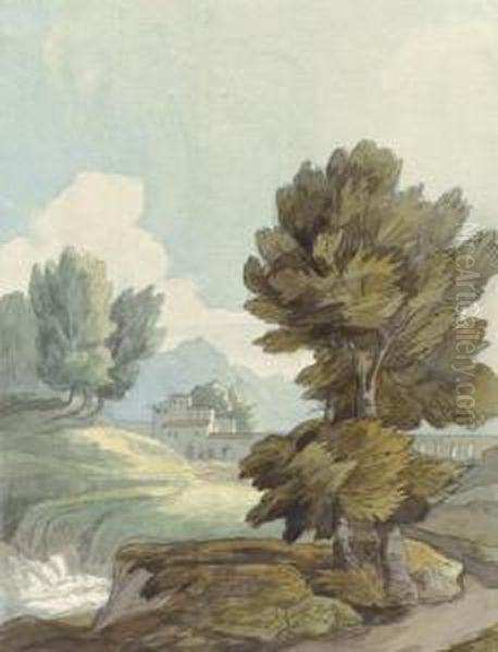 Italian Landscape With Buildings By A Stream Oil Painting by Francis Towne