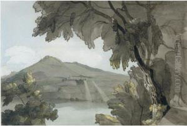 Lake Of Albano, Morning Sun Rising Over Rocca Del Papa Oil Painting by Francis Towne