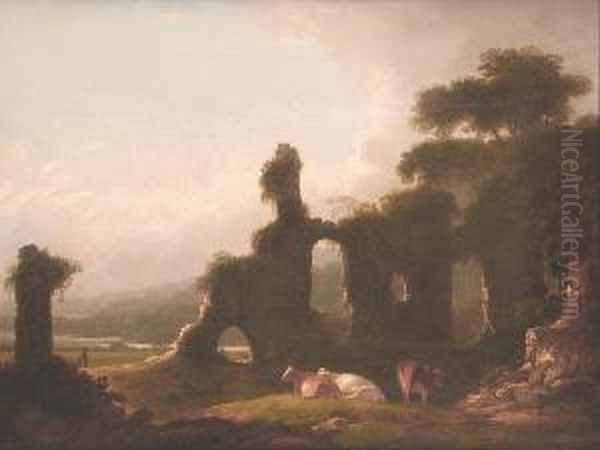 Cattle Resting Near Ruins Oil Painting by Charles Townley