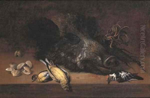 A hunting still life with a boar's head Oil Painting by Johann Adalbert Angermayer