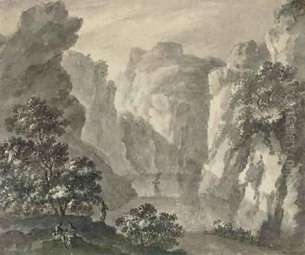 A gorge with a boat and figures in the foreground Oil Painting by Robert Adam