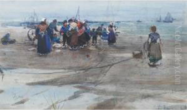 'study' Dutch Beach Scene With Fisher Folk Oil Painting by Cath Townsend Warner