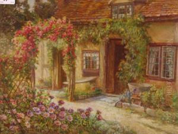 Oldcottage And Flowers Near Stratford On Avon Oil Painting by James Townshend