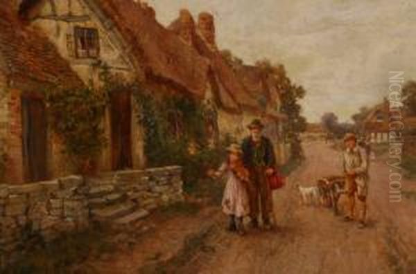 Figures Near Rural Cottages Oil Painting by James Townshend