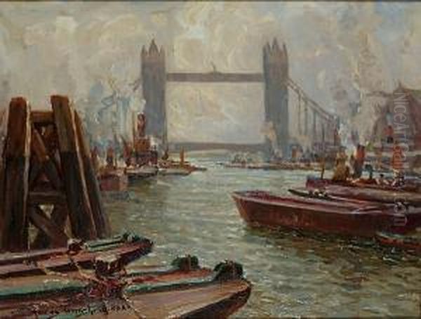 'london - The Tower Bridge'; And 'the Busy Thames, London Bridge' Oil Painting by James Townshend