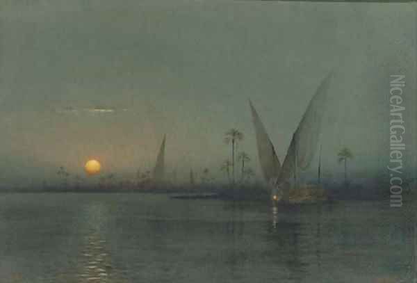 Feluccas on the Nile by moonlight Oil Painting by William Ashton