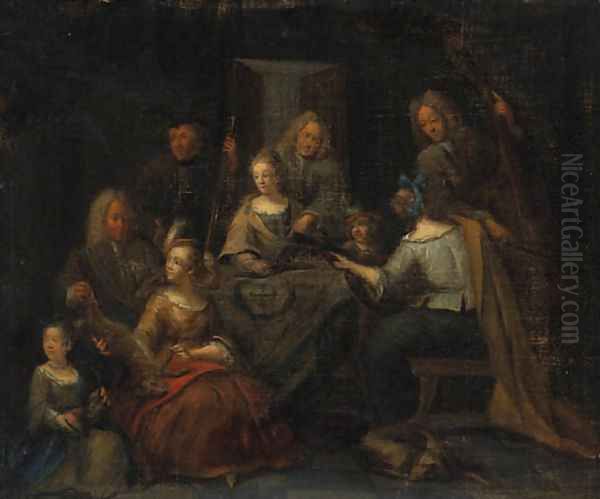 Elegant Company making Music in an Interior with a Sportsman showing a Lady Trophies of the Hunt Oil Painting by Pieter Angillis