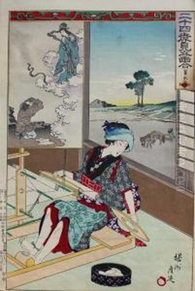 Kobieta Przy Krosnach Z Cyklu Nijushiko Mitateawase Oil Painting by Chikanobu Toyohara