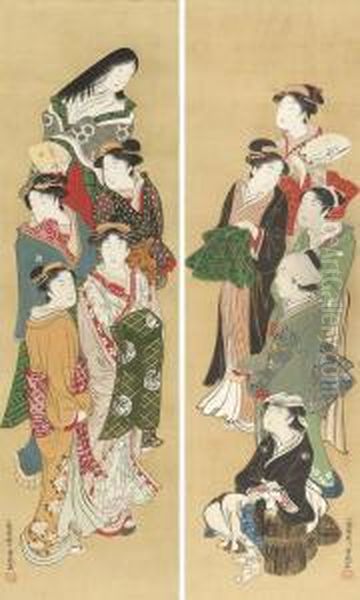 Ten Beauties Of Edo Oil Painting by Utagawa Toyoharu