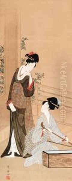 Two Geisha Preparing For A Concert Oil Painting by Utagawa Toyohiro