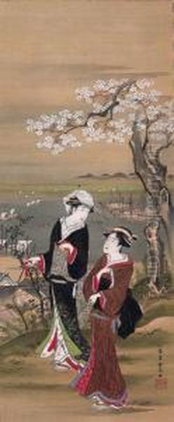 Beauties And Cherry Blossoms At Gotenyama Oil Painting by Utagawa Toyohiro