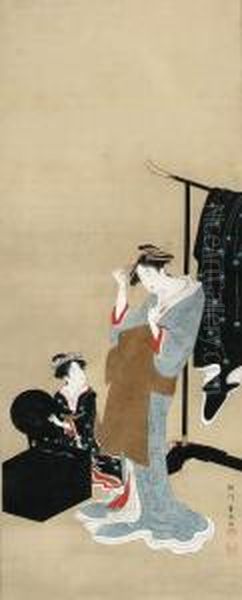 Courtesan At Her Toilette
Signed Utagawa Toyoharu Ga, Sealed Ichiryusai And Utagawa Oil Painting by Utagawa Toyohiro