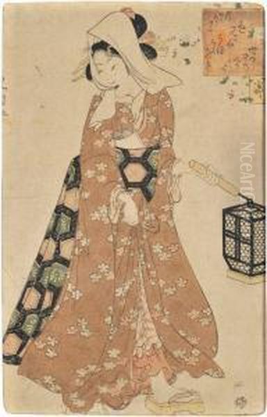 Woman With Wire Basket Oil Painting by Toyokuni