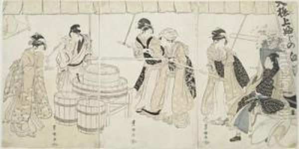 Customers In The Forecourt Of A Shirozake Shop Oil Painting by Toyokuni