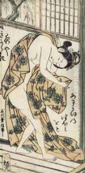 Slipping Out Of A Robe At The Bath Oil Painting by Ishikawa Shuha Toyonobu