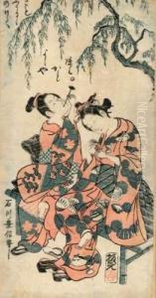 Deux Jeunes Femmes
Assises Sous Un Saule Faisant Des Bulles De Savon. Oil Painting by Ishikawa Shuha Toyonobu